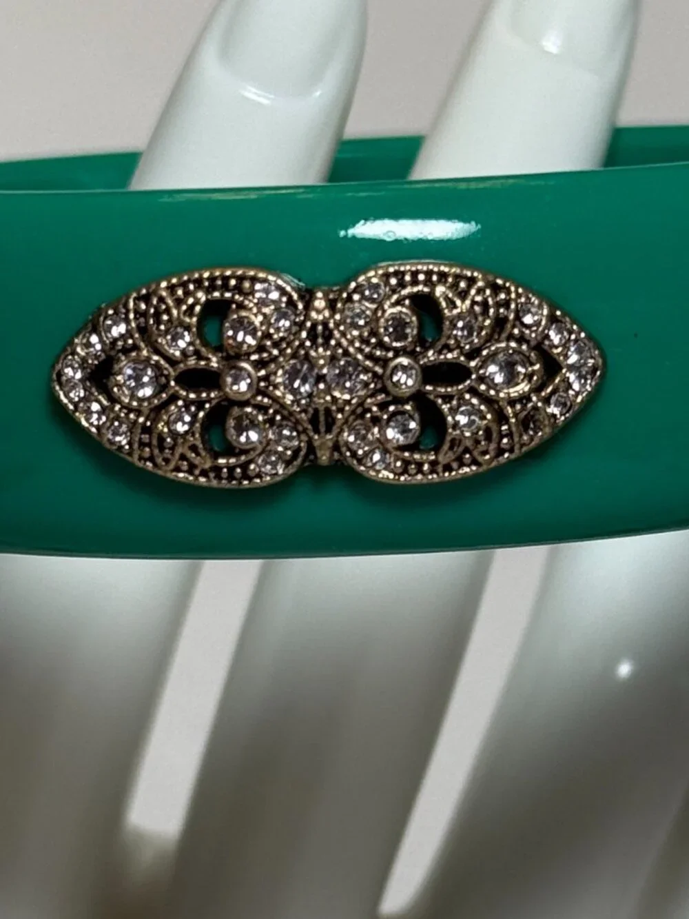 Green Teal Jeweled Cuff Bangle Bracelet Faux Diamond Jeweled Vintage Look